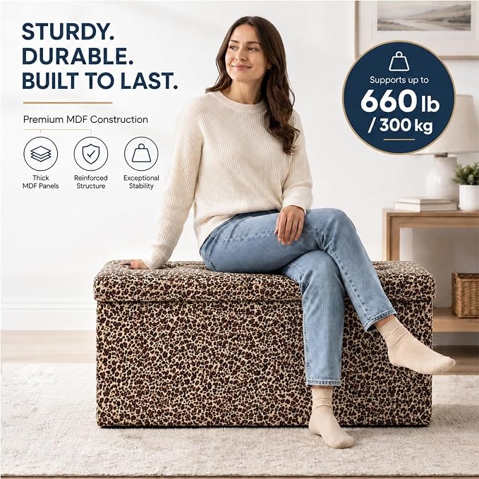 ALASDO 30 Inch Folding Storage Ottoman Bench with Hidden Storage, PU Leather Ottoman Foot Rest Stool, End of Bed Bench for Bedroom, Living Room, Entryway and Closet, Leopard Print