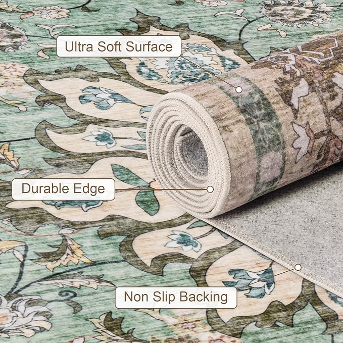 2x3 Area Rugs Living Room Rug: Washable Vintage Distressed Floral Rug No Slip Stain Resistant Soft Carpet Indoor Large Carpets for Bedroom Dining Room Farmhouse Nursery Hallway Home Office Brown Green