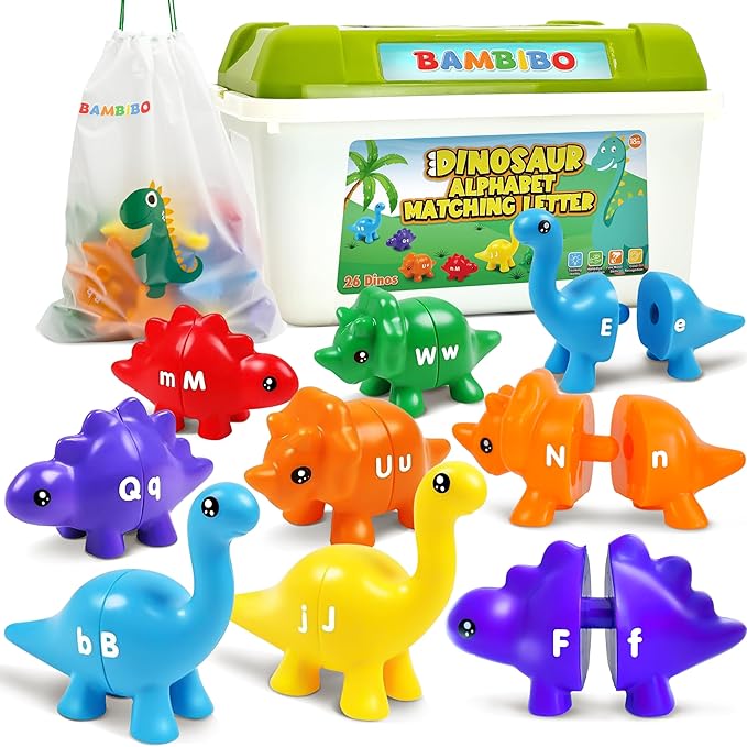 Dinosaur Alphabet Learning Toys - 52pc in Storage Box | 26 Double Sided Dino Matching Toys | Preschool Dinosaur Letter Matching Toy for Toddlers 3-5