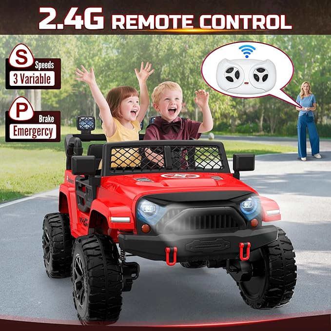 ARBELI 2 Seater Ride On Car for Kids, EVA Tires, 24V 4WD Electric Car w/Remote Control, Bluetooth, LED Lights, Ride On Truck for Boys and Girls Aged 3-8, Red