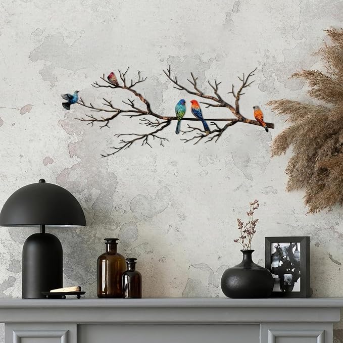 ESTART Metal Birds Wall Art, Metal Vivid Birds on Branch Silhouette Wall Decor Black Leaves with Bird Outdoor Hanging Wall Sculpture for Home Balcony Garden (Classic Color, Small)