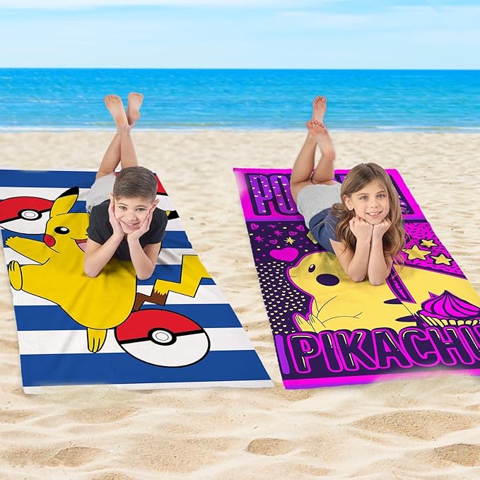 NORTHWEST Pokémon Beach Towel 2-Pack – Oversized, Soft, Absorbent, Sand-Free & Fast-Drying, Featuring Sweet Summer Pikachu Designs 30" x 60"