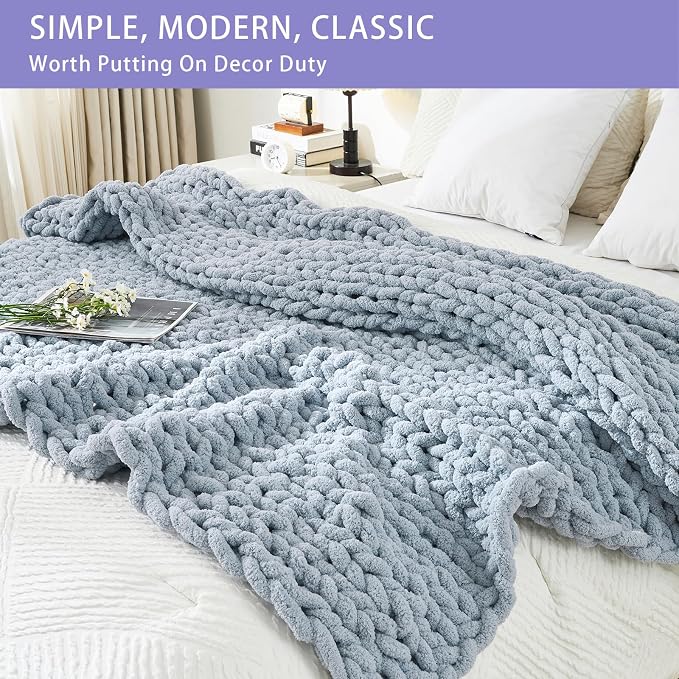 Bigacogo Chunky Knit Throw Blanket for Couch, 51x63 inches, Fog Blue | Hand Knit with Jumbo Chenille, Soft Breathable Cable Knit for Sofa Bed Living Room, Machine Washable, Gift for Mom Friend