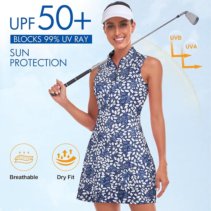Viracy Tennis Dress for Women Sleeveless Golf Dresses with Shorts and Pockets Ruffle Zip Up Stand Collar Golf Outfits