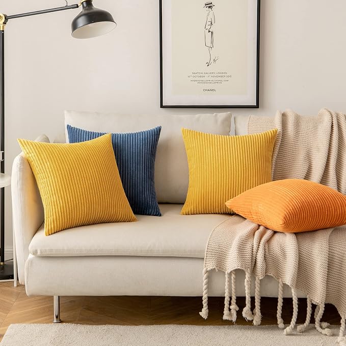 MIULEE Soft Corduroy Throw Pillow Covers Set of 2 12x12 Mustard Yellow | Decorative Striped Textured Cushion Cases, Boho Rustic Square Pillowcases, Home Decor for Couch Chair Sofa Bed Living Room