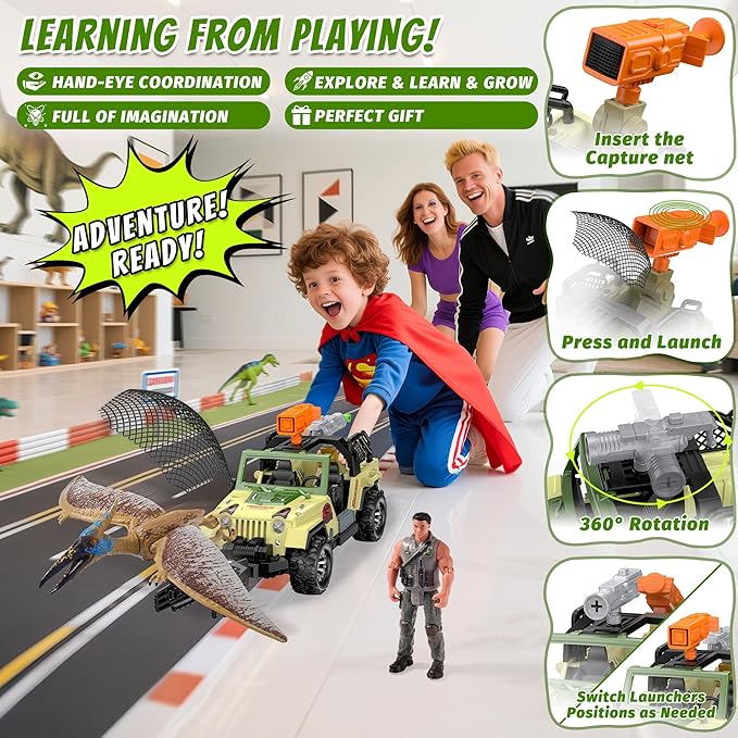 EKU Dinosaur Truck with 10 Sounds, Capture Net, Clamp, Launcher, Wing Flapping Quetzalcoatlus Figure, Human, Push and Go Adventure Vehicle for Jurassic World Toys Pretend Play Gifts for Kids 3+