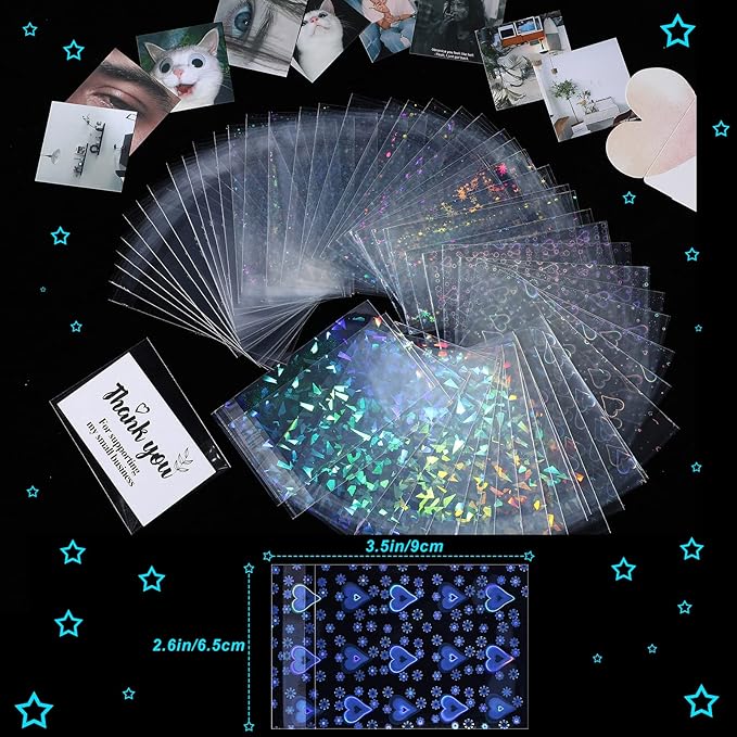 Tinlade 200 Pcs Laser Flashing Kpop Holographic Photo Card Sleeves Little Star Heart Glass Gemstone Transparent Trading Cards Sleeves 2.6 x 3.5 Inches