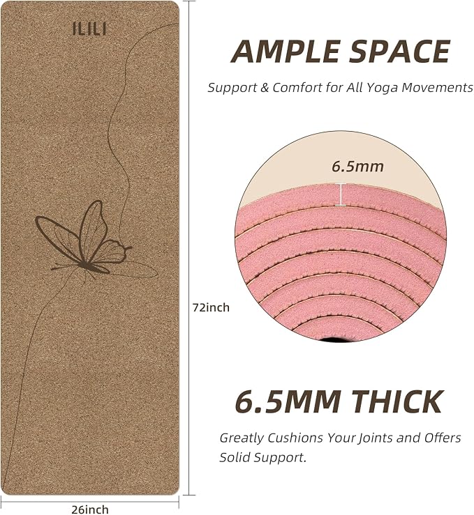ILILI Eco-Friendly Cork Yoga Mat 1/4 inch Thick, 72''L*26''W, Non Slip Lightweight Cork and TPE Soft Exercise & Fitness Mat, Ideal for All Types of Yoga, Home, Gym & Studio Workouts