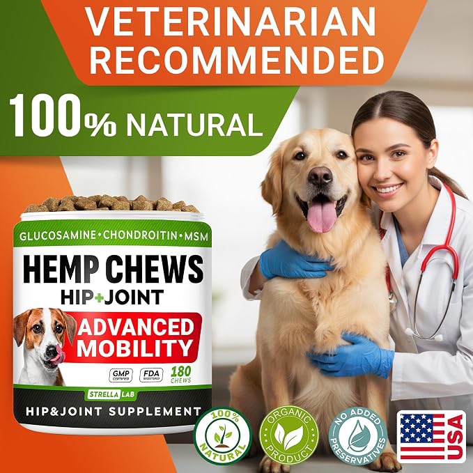 STRELLALAB Hemp Chews for Dogs - Hip & Joint Supplement with Glucosamine - Joint Pain Relief Treats - Omega 3, Chondroitin, MSM - Advanced Mobility Support - Chicken Flavor - 180 Ct - Made in USA
