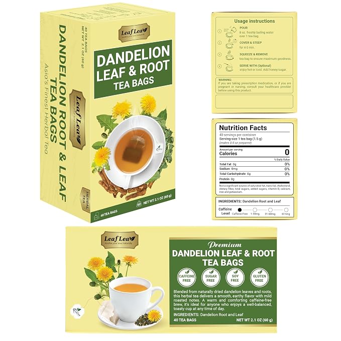 LeafLea Dandelion Root & Leaf Tea Bags, Premium Herbal Tea, 120 Count | Natural Dandelion Root Tea Blend With Leaves, Te De Diente De Leon, Caffeine-Free, Sugar-Free, Vegan, 3 Pack
