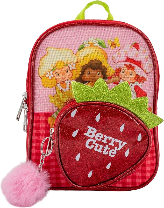 AI ACCESSORY INNOVATIONS Strawberry Shortcake 9” Micro Mini Backpack Purse Featuring Glitter PU, Diecut Strawberry Pocket & Pompom Dangle, Red