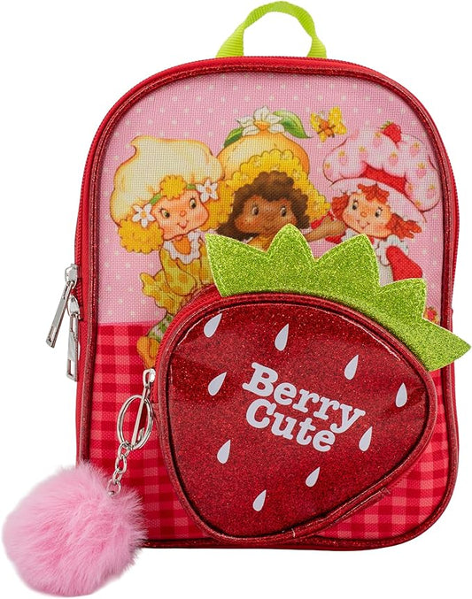 AI ACCESSORY INNOVATIONS Strawberry Shortcake 9” Micro Mini Backpack Purse Featuring Glitter PU, Diecut Strawberry Pocket & Pompom Dangle, Red
