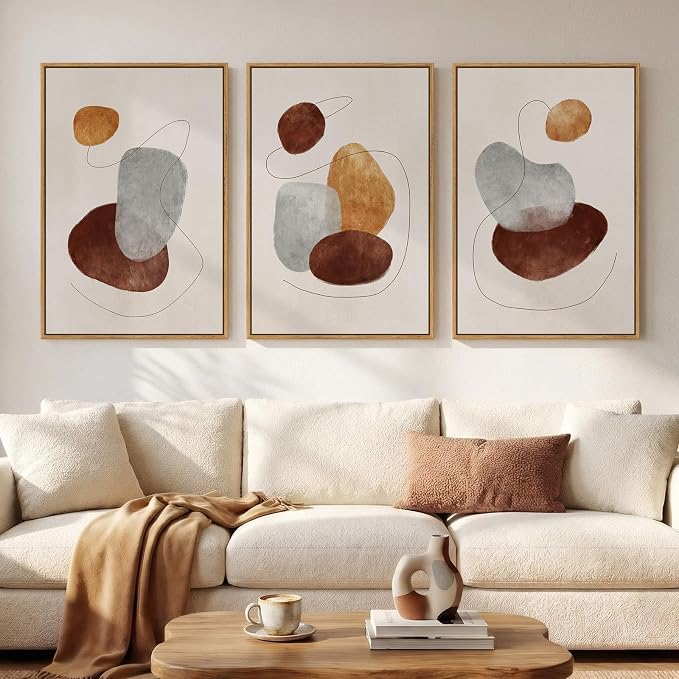 Large Neutral Abstract Canvas Wall Art for Living Room, 3 Piece Framed Wabi-Sabi Prints Paintings Artwork for walls, Minimalist Modern Pictures Wall Decor for Bedroom, Office, Dining Room, 24x36 In