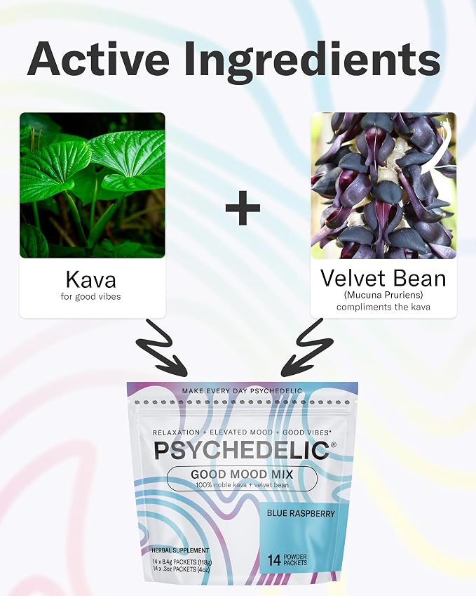 Psychedelic Water Calming Kava Drink Mix (14x5.5g) Flavored Kava Powder - Calming Drink Powder Packets - Easy Open Single Serving Drinks - 14 Calm Packets - Blue Raspberry