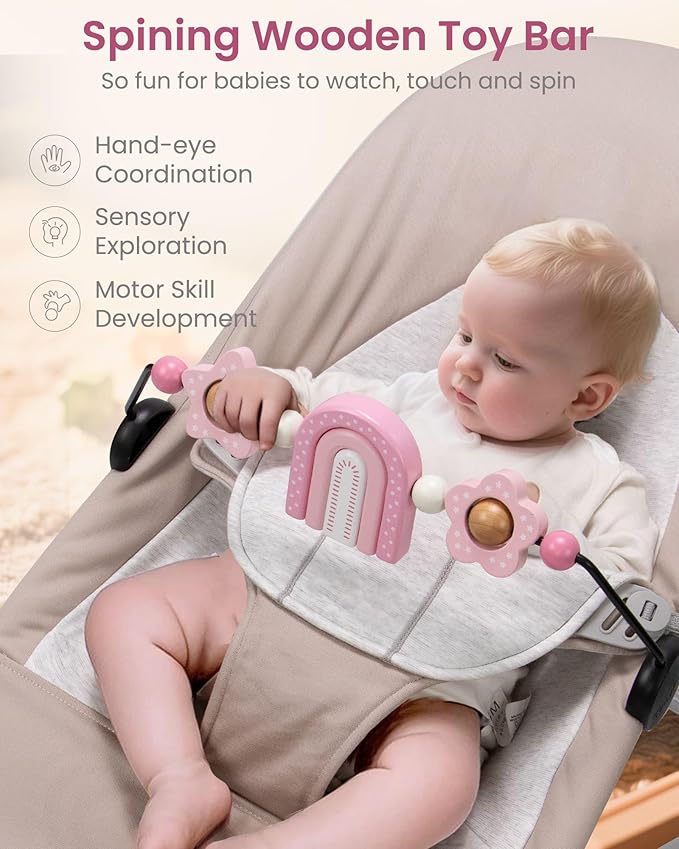 Baby Bouncer Toy Bar Wooden Compatible with Baby Bjorn Bouncer, Bouncer Toy Attachment, Tight and Secure Fit, So Fun to Watch, Touch and Spin for Babies All Ages (Pink Rainbow)