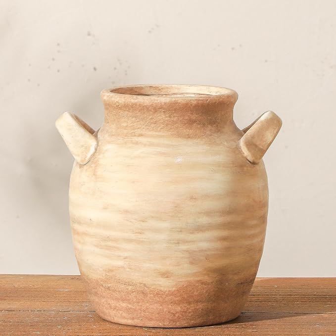 Vanselia Ceramic Flower Vase Home Decor - Farmhouse Table Vases with Handle Living Room Decoration Vintage Decorative Aesthetic for Shelf Coffee Dining Desk House Bookshelf Fireplace (7.1" Rust)