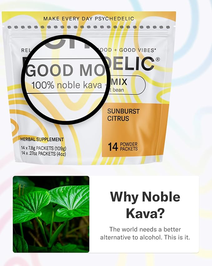Psychedelic Water Calming Kava Drink Mix - Kava kava Flavored Drink Mix - Easy Open Single-Serving - Flavored Kava - Mucuna Pruriens - Stevia - Adaptogen Mocktails - 14 Sticks - Sunburst Citrus