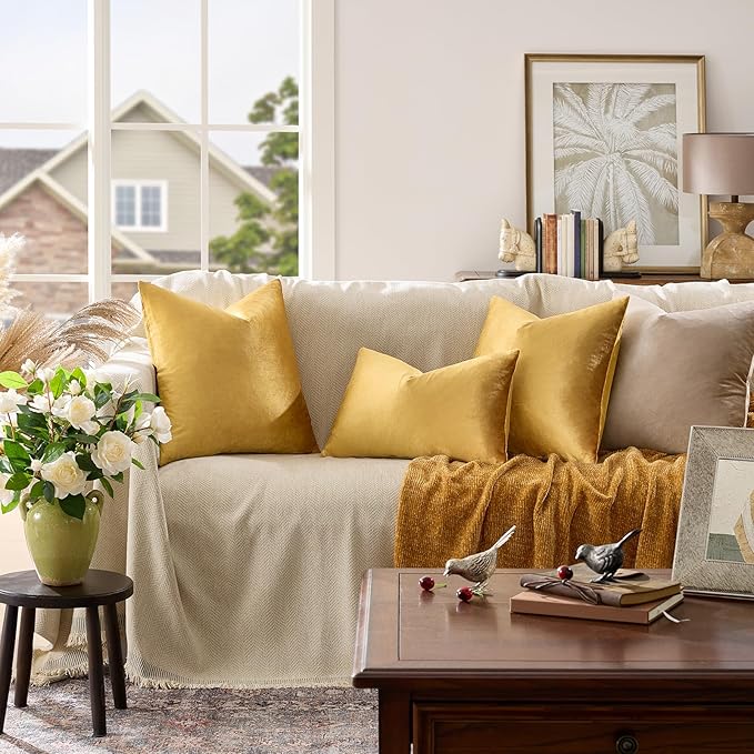 GIGIZAZA Golden Throw Pillow Covers 16x16 Decorative Velvet Cushion Covers Pack of 2 Pillowcase for Sofa | Throw Pillows for Couch Sofa,280gsm Soft Textured Fabric,Modern Square Pillowcases,Luxury Cushion Covers