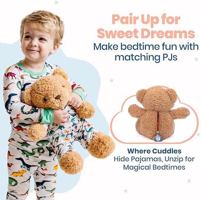 Zip N' Bear Soft Plush Teddy Bear Stuffed Animal with Dino Dreamers Pajamas - Zippy The Bear Cute Cuddly Plush Toy, Perfect Sensory Teddy for Kids, Toddlers - Adorable Gift & Bedtime Companion