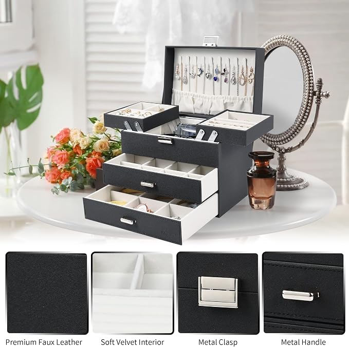 Jewelry Organizer Box, Large Jewelry Boxes for Women Girls, Space-Saving 4 Layers Jewelry Storage Case with Drawer, Movable Metal Stand, Modern, Gift Idea (Black + Silver)