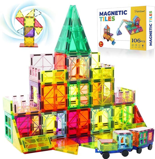 Magnetic Tiles 106 Piece Set, Magnet Building Blocks for Kids Toddlers, STEM Construction Toys with Gift Box for Ages 3 4 5 6 7 8+ Year Old Boys Girls