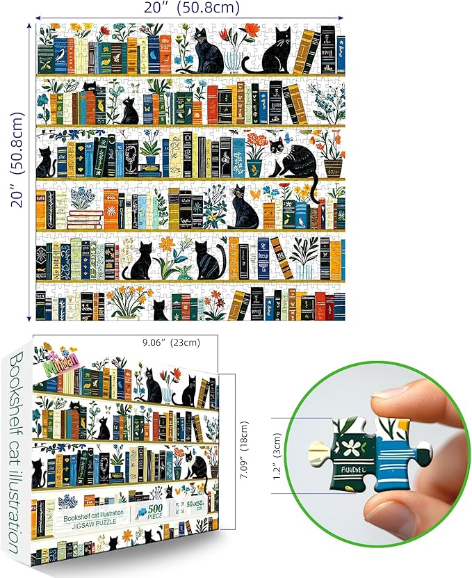 500 Piece Jigsaw Puzzle for Adults - Vintage Cats & Bookshelf Botanical Blooms Puzzle, 20x20 Inch Unique Art Puzzle, Challenging Hard Difficult Puzzles for Adults