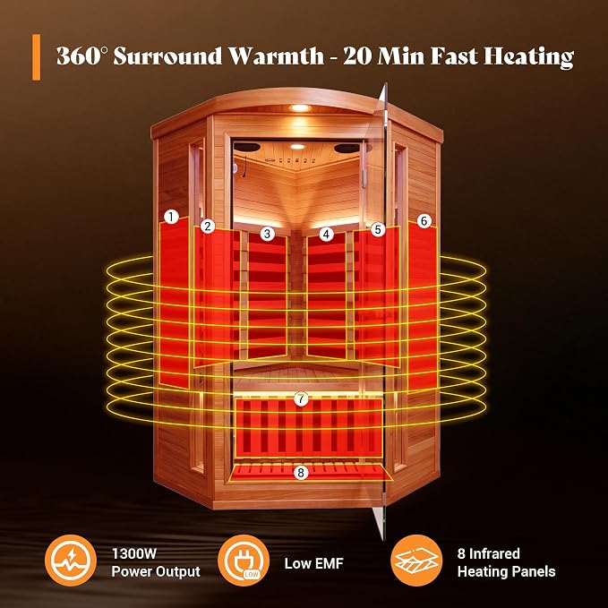 Sauna, Infrared Sauna for Home Far Infrared Saunas Room Corner Sauna for 1 Person Low-EMF Wood Dry Sauna with Speakers Oxygen Bar 7 Color Light 1300W Fast Heating Easy Assembly 37.4x37.4x70.9