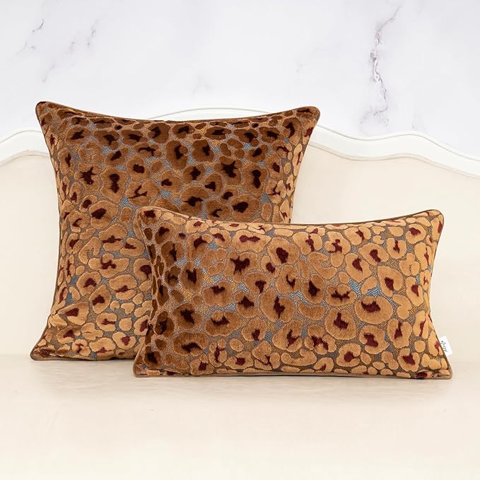 Alerfa Brown Floral Throw Pillow Cover 20 x 20 Inch Cut Velvet Sqaure Luxury Decorative Pillow Cover for Couch Living Room Bedroom