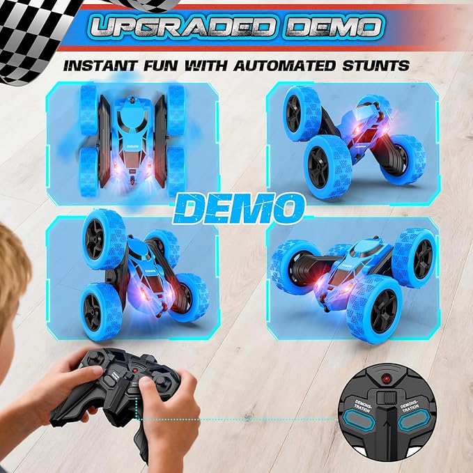 cosone Remote Control Car, RC Cars Toys for Kids Ages 6-12, 4WD Stunt Car with LED Lights & 360° Flips, 2.4GHz, Upgraded USB-C Modular Batteries, 6-10 Year Old Boys Birthday Gift - Blue