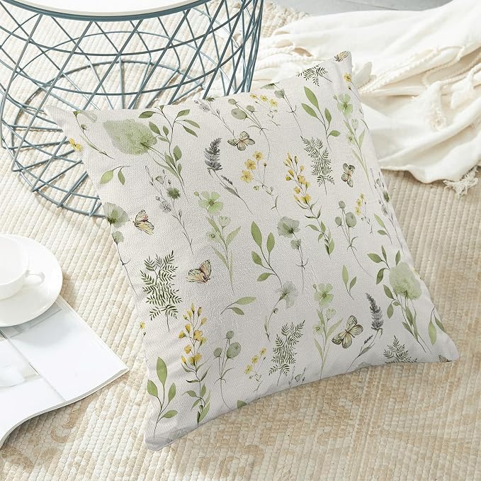AEIOAE Spring Pillow Covers 18x18 Inch Set of 2, Sage Green Yellow Wild Flower Throw Pillows Case,Colorful Seasonal Floral Plant Outdoor Decorative Farmhouse Decor Cushion Covers for Sofa Bed Couch