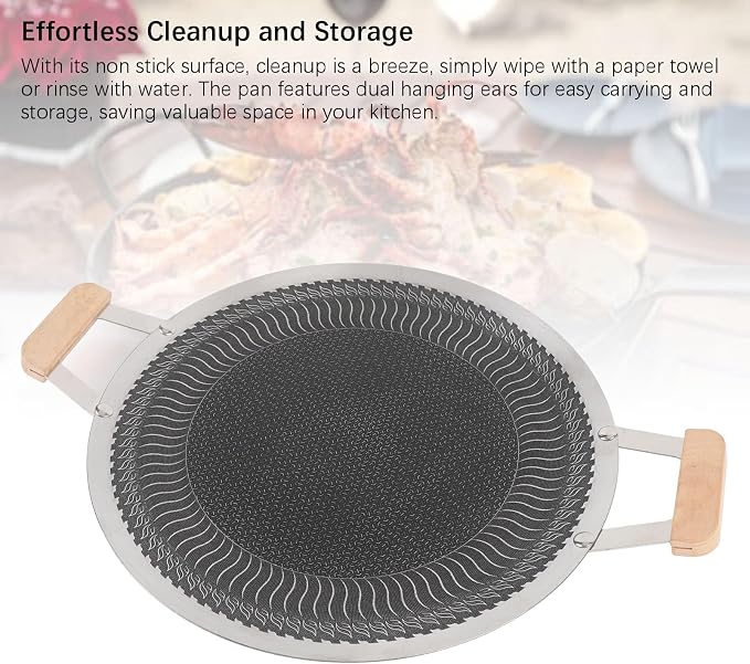 POCREATION Korean BBQ Grill Pan, Stainless Steel Nonstick Even Heating Cooking Pan for Indoor Outdoor Gatherings with Wood Handle Induction Gas Electric Compatible Round 38cm 1 Pack