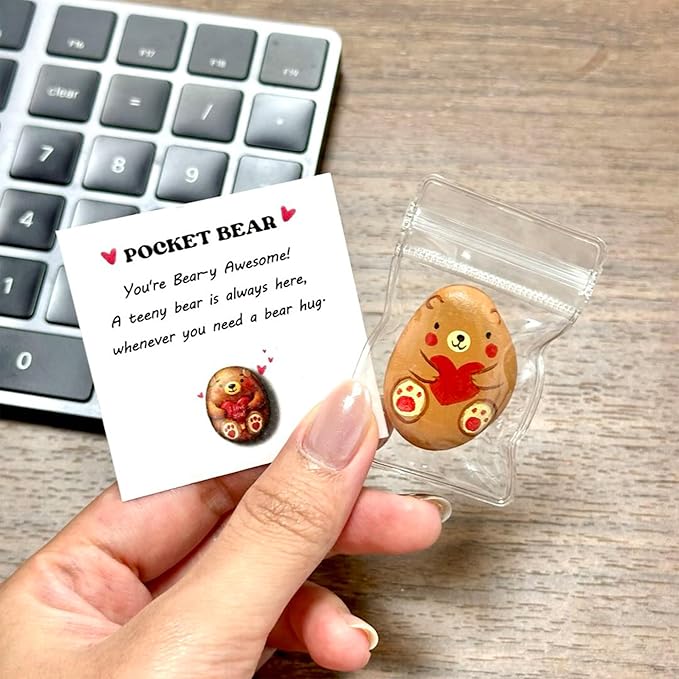 Handmade Pocket Bear Pebble – Cute Hand-Painted Affirmation Token with Card – Long Distance Hug, Encouragement Token for Friends, Kids, Loved Ones, or Anxiety Relief Gifts for Boyfriend, Girlfriend