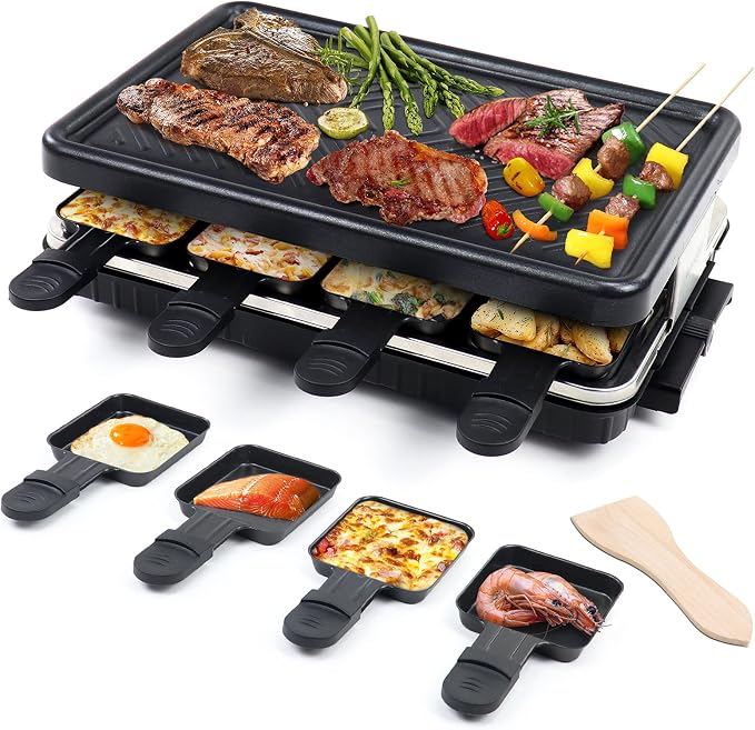 Raclette Grill, Raclette Table Grill, Korean BBQ Grill Indoor, 8 Trays | 1300W Adjustable Temperature Control, 8 Nonstick Cheese Pans, Dishwasher Safe for Family Dinners and Parties