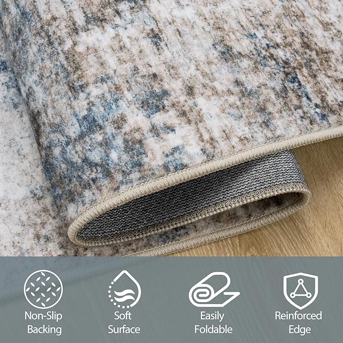 8x10 Area Rugs for Living Room Rug Washable: Abstract Large Rug for Dining Room Bedroom Carpet Non Slip 8 by 10 Indoor Modern Nursery Home Office White Brown Blue