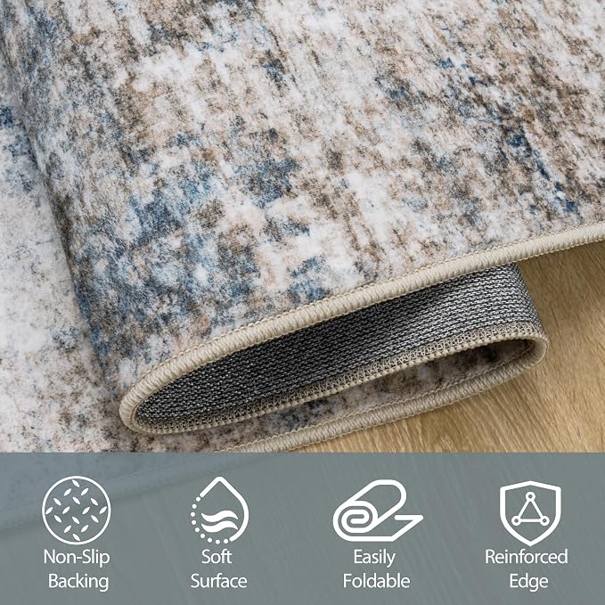 9x12 Area Rugs for Living Room Rug Washable: Abstract Large Rug for Dining Room Bedroom Carpet Non Slip 9 by 12 Indoor Modern Nursery Home Office White Brown Blue