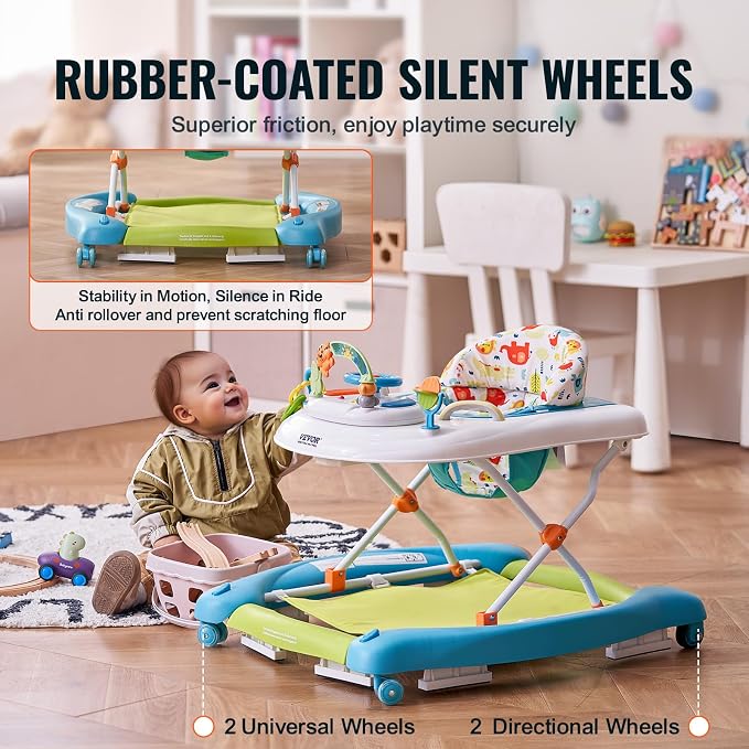 VEVOR 4-in-1 Baby Walker, Folding Baby Activity Center with Wheels, 3 Adjustable Height, Music & Toys Tray, Learning-Seated | Walk-Behind | Rocker | Bouncer Toddler Walker for Girls Boys 6-24 Months