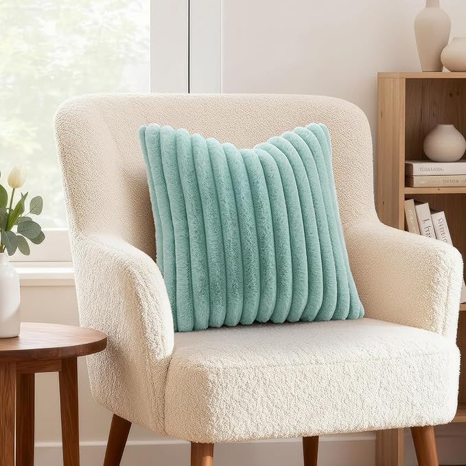 decorUhome Fall Faux Fur Throw Pillow Covers 18x18 Set of 2 Aqua | Decorative Soft Cozy Striped Plush Modern Farmhouse Boho Couch Pillow Cases Velvet Back for Sofa Bed Living Room Home Decor