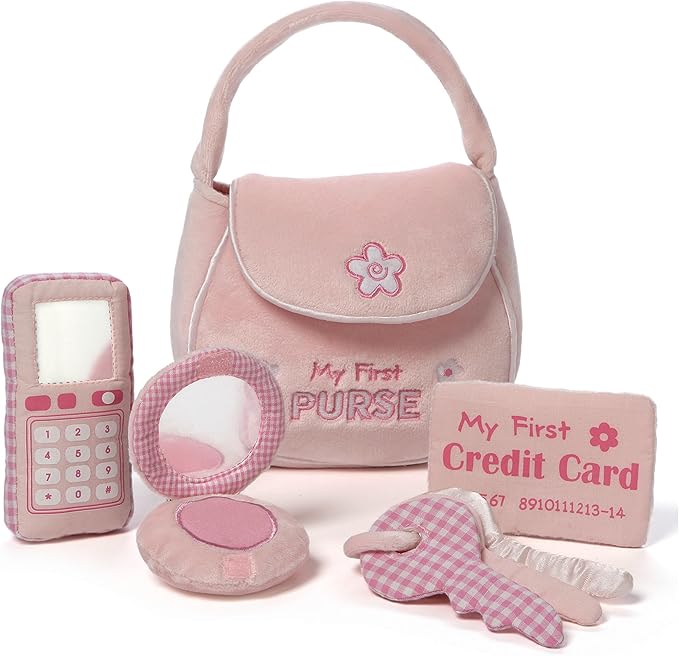 Baby GUND Play Soft Collection, My First Purse 5-Piece Plush Playset with Rattle, Mirror and Crinkle Plush Toys, Sensory Toy for Babies and Newborns, 8”