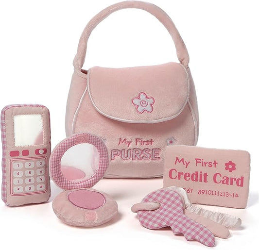 Baby GUND Play Soft Collection, My First Purse 5-Piece Plush Playset with Rattle, Mirror and Crinkle Plush Toys, Sensory Toy for Babies and Newborns, 8”