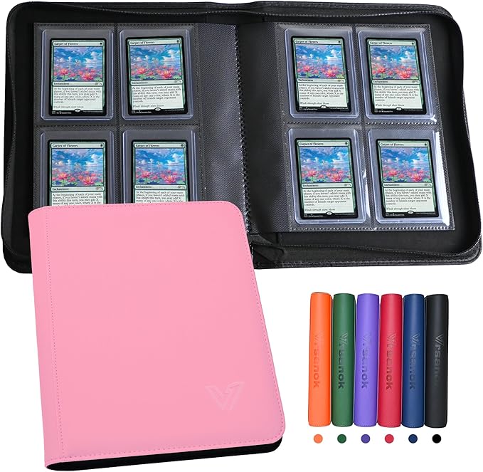 Toploaders Binder,Holds 128 Top Loaders,4 Pocket Top Loader Binder for 3" x 4"Rigid Cards,Double Sided Card Binder Abulm in 3"x4"Toploaders for Trading Cards (TOP 128 Pink)