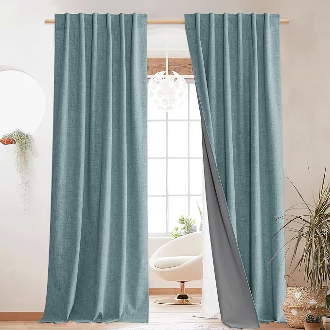 NICETOWN 100% Blackout Blue Curtains 108 inch Long, Linen Blend Thermal Insulated Curtains with Grey Liner for Living Room, Farmhouse Style Large Window Drapes for Hall (2 Panels, 52" Wide per Panel)