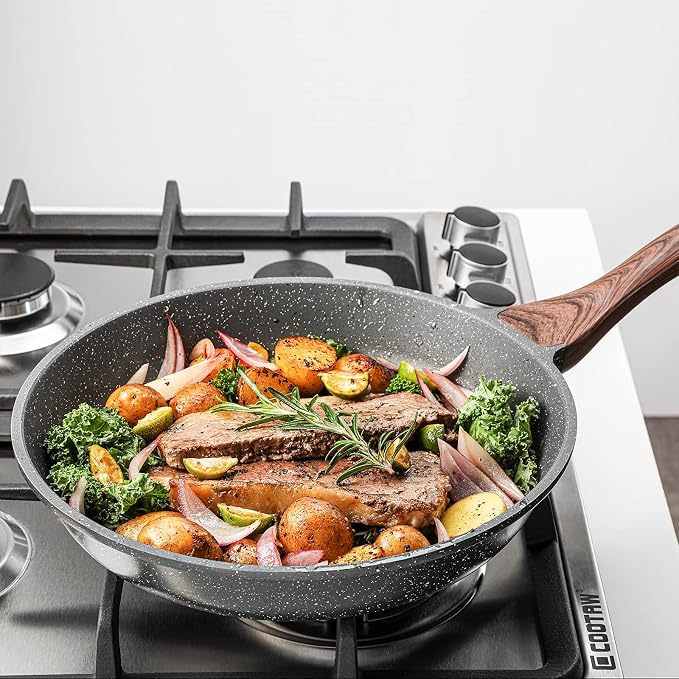 SENSARTE Nonstick Frying Pans, Grey(9.5+11+12.5 Inch) | Swiss Granite Coating, Free of PFOA&PFOS, Compatible with All Stoves Including Induction Cooktops, Easy to Clean