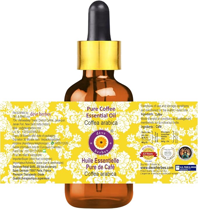 Deve Herbes Pure Coffee Essential Oil (Coffea Arabica) with Glass Dropper Steam Distilled (Pack of Three) 100ml X 3 (10 oz)