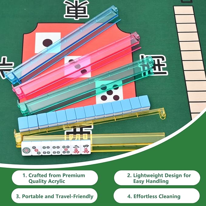 Mahjong Racks with Pushers, All-in-One Mahjong Tile Pushers and Racks with 3 Dices, Modern American Tile Set of 4 (4 Colors)