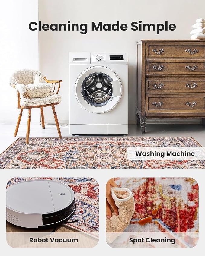 AMADA HOMEFURNISHING 8x10 Washable Area Rug, Low-Profile Large Area Rug with Non-Slip Backing & Durable Edge Binding, Vintage Large Rugs for Living Room, Bedroom, Dinning Room