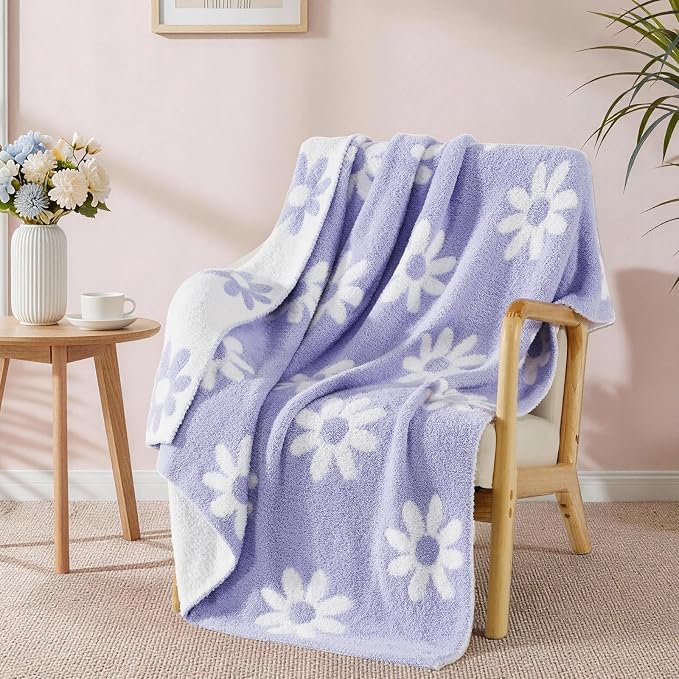Soft Throw Blanket for Couch-Cozy Reversible Knitted Blankets | Lightweight Warm Fluffy Decor for Women, Mom, Her & Girls, Sofa, Chair, Bed, 50x70in, Daisy Floral Purple