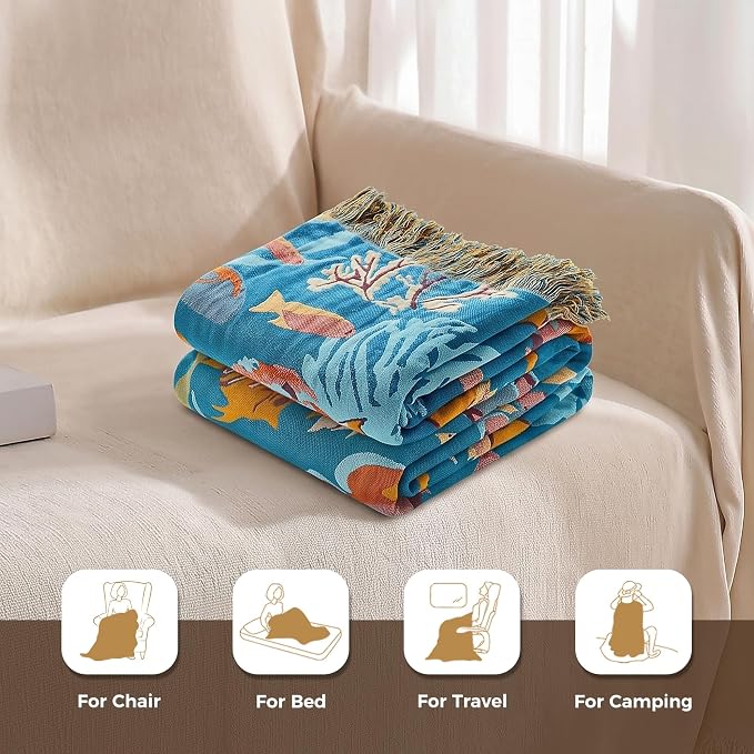LUTBM Boho Throw Blanket for Bed 60"x80", All Season Cotton Couch Blankets | Underwater Ocean Life Jacquard, Twin Quilt, For Chair Sofa Bedroom Living Room, Lightweight & Breathable Gauze, Home Decor