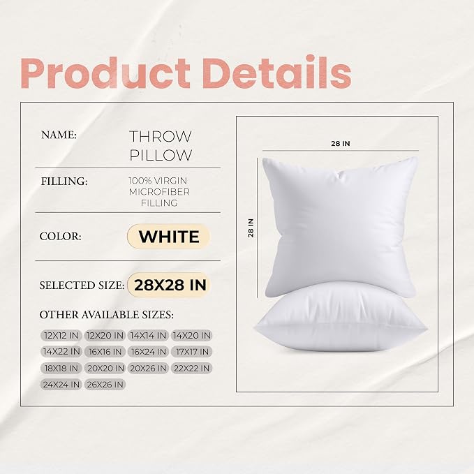 Utopia Bedding 28x28 Pillow Inserts, White Throw Pillows for Couch, 2 Pack | Indoor cushion inserts for bed, sofa & couch, Supportive & fluffy decorative pillows for everyday comfort, Set of 2, White