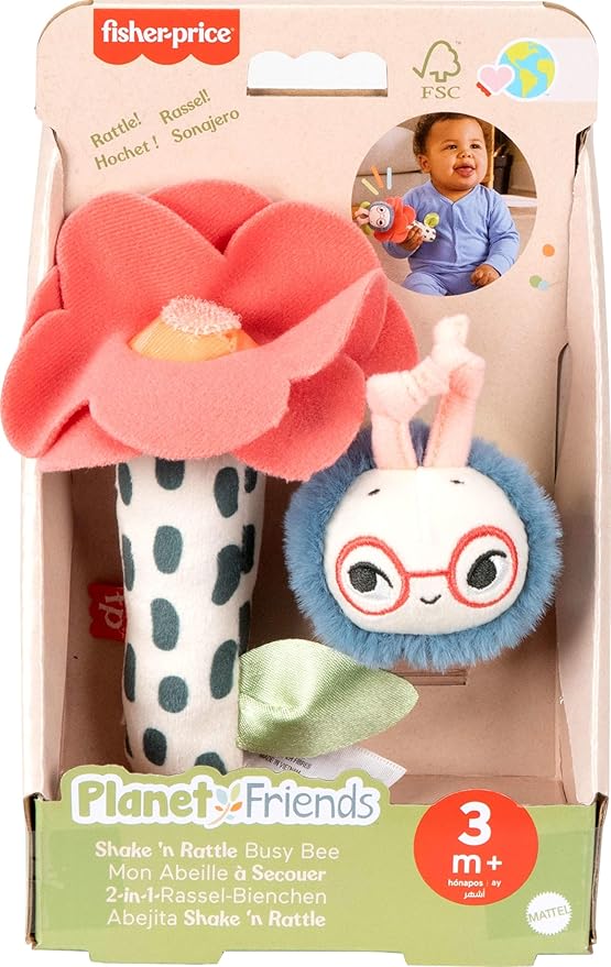 Fisher-Price Baby Toys Planet Friends Shake ‘n Rattle Busy Bee Sensory Plush 2-Piece Set for Newborns Ages 3+ Months