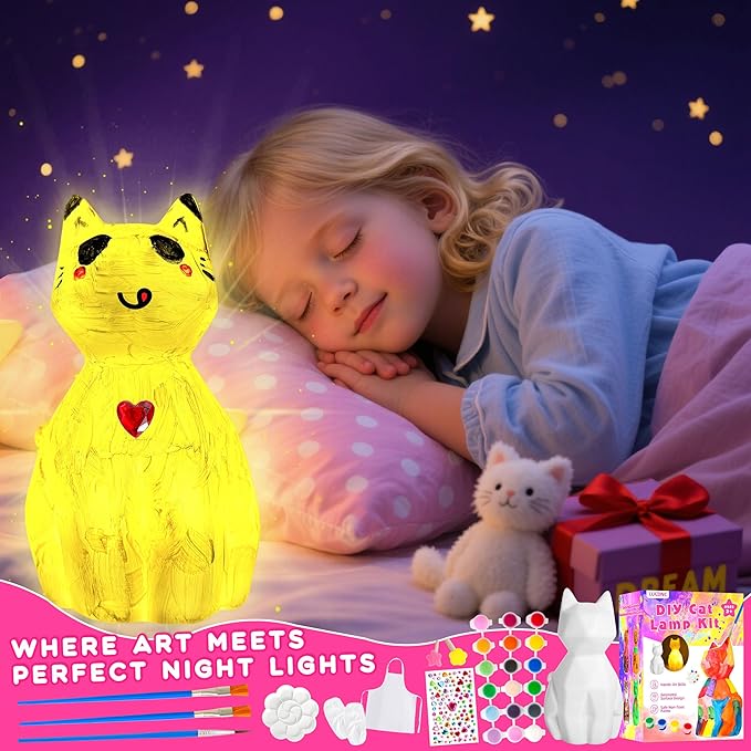 lucdnc Paint Your Own Cat Lamp Kit DIY Night Light Arts & Crafts Supplies Painting Kits for Kids Birthday Easter Christmas Gifts Stocking Stuffer Toys for Teens Girls Boys Ages 3-12+